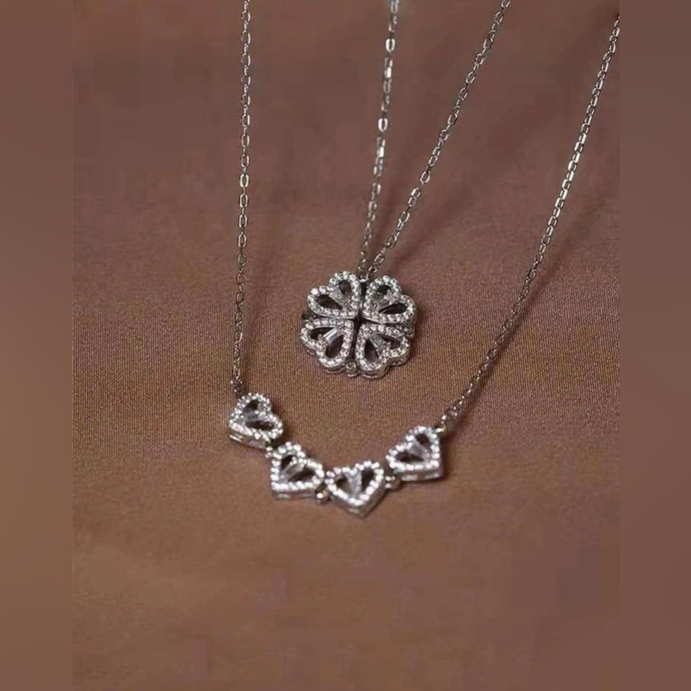 Silver‎ Tone Heart and Clover Necklace Set
